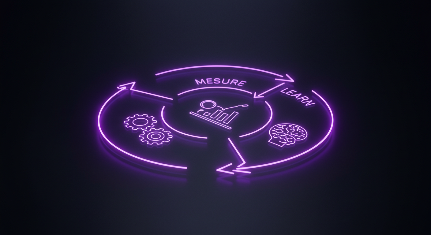 Diagrama do ciclo Lean Startup: Construir, Medir e Aprender, que é a base da filosofia MVP.